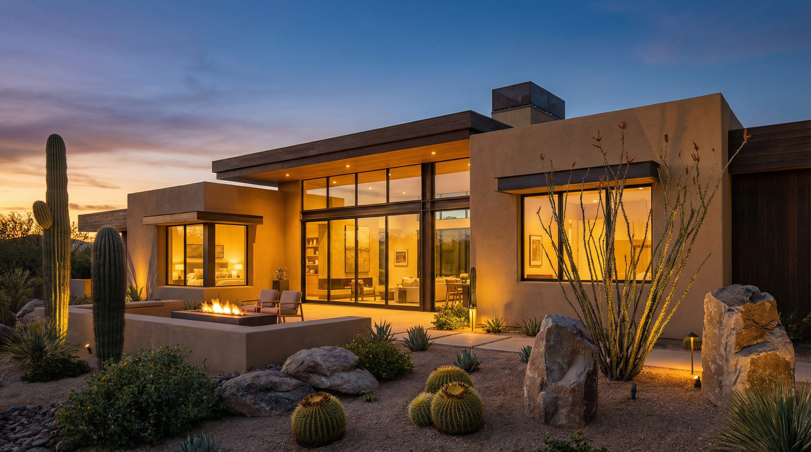 Modern Scottsdale home at twilight with landscape lighting